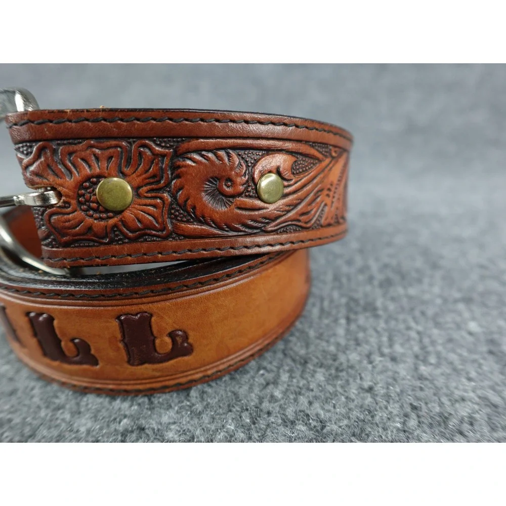 Custom‎ Leather Belt Bill Hand Tooled Western Cowboy Style Silver Buckle